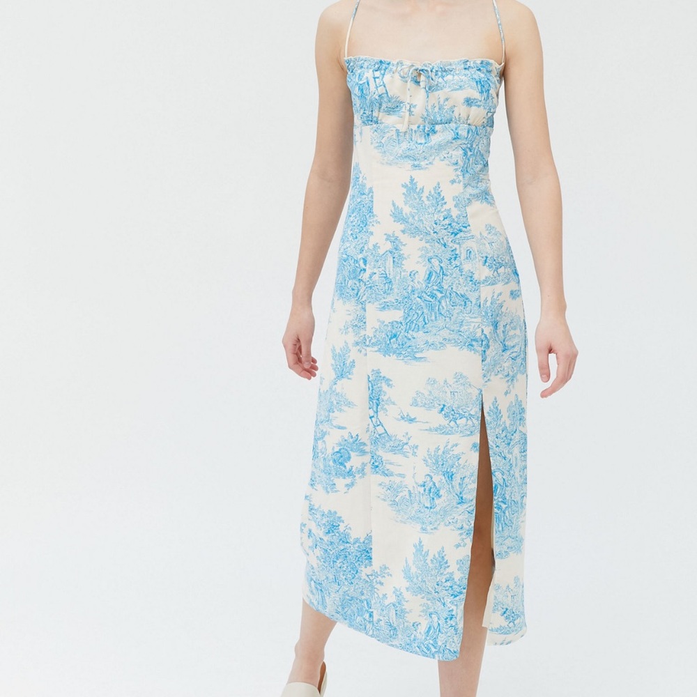 Urban Outfitters April Midi Dress in Blue and White Print - Size S